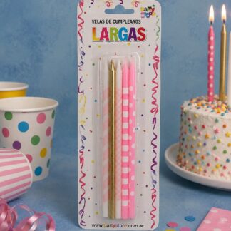 VELAS LARGAS IMPRESAS DORADAS X 10U